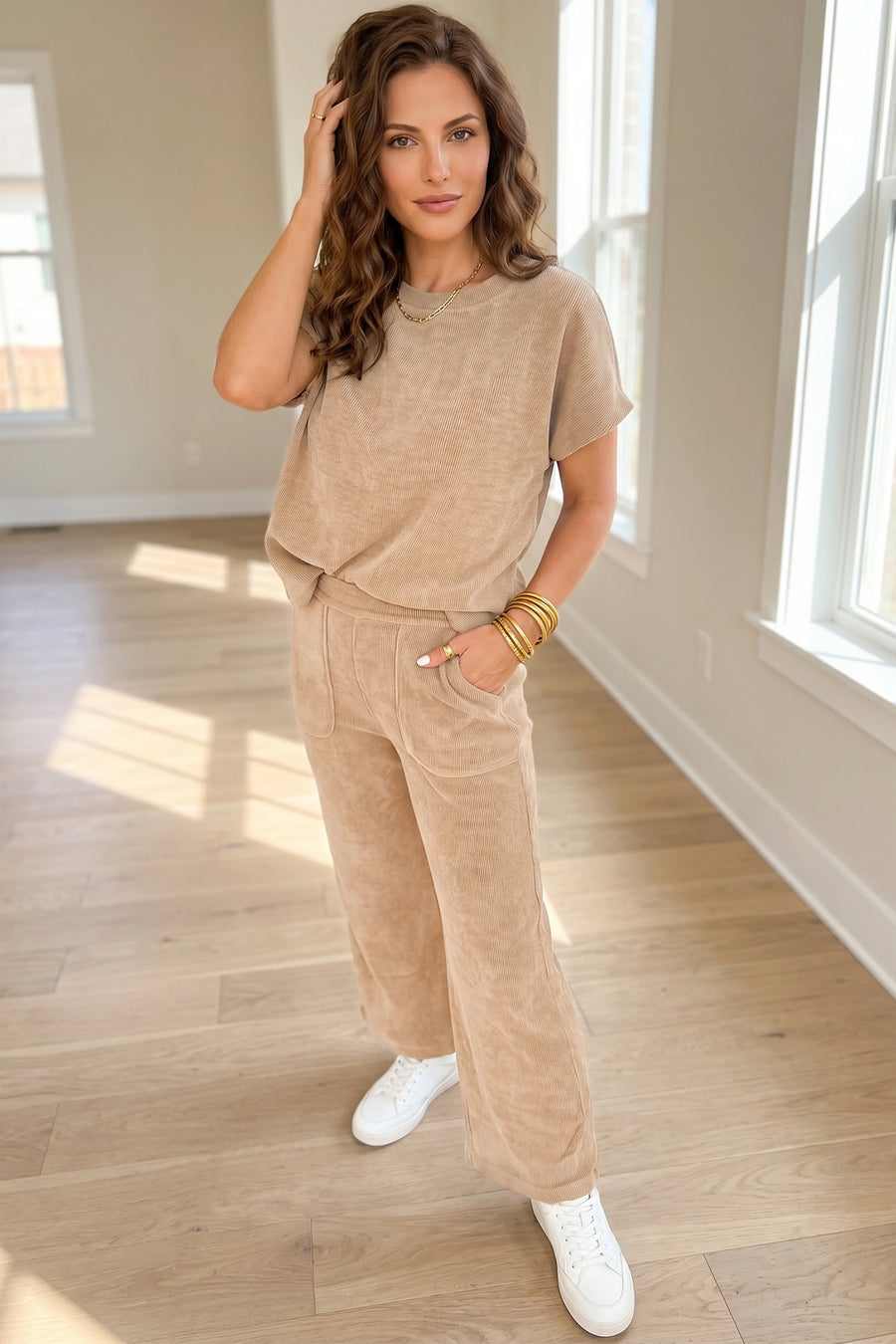 Short Sleeve Corduroy Pant Co-Ord Set Women UK — back view showing relaxed corduroy pant and short sleeve top together — Fashionfitz