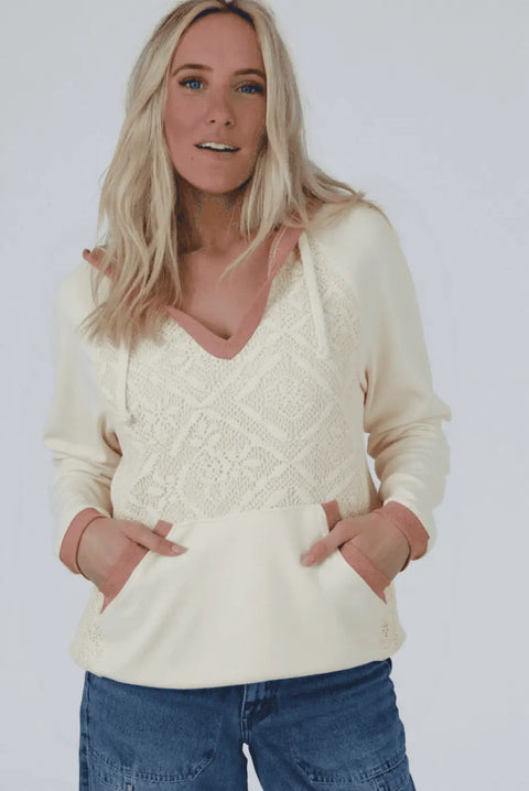 White contrast trim crochet knit hoodie front view — Fashionfitz UK