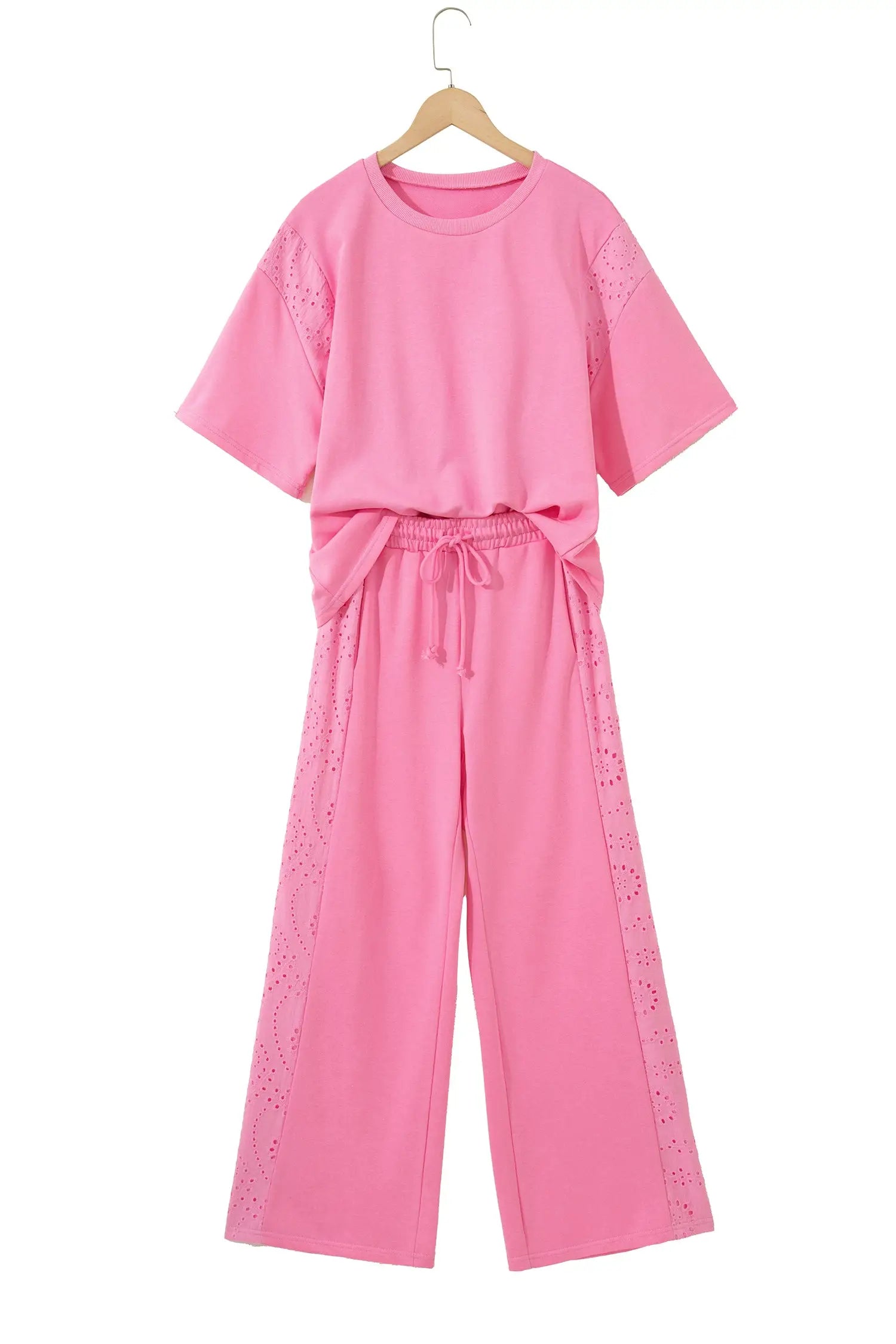 Lace Patchwork Half Sleeve Top & Wide Leg Pants Two Piece Set