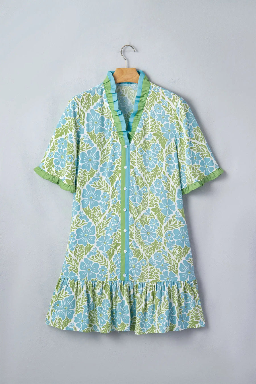 Sky Blue Botanical Floral Frilled Trim Button Front Dress Women UK