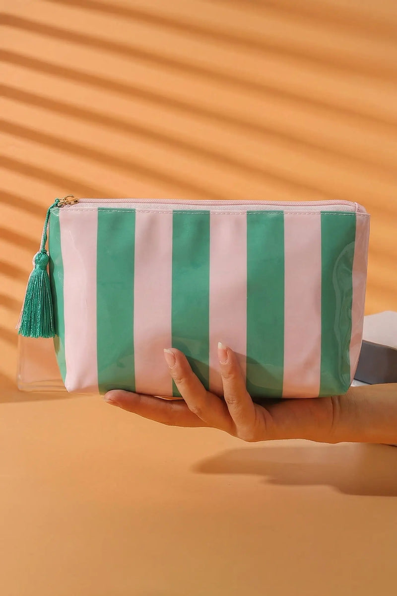 Women's striped waterproof makeup bag side view tassel zipper