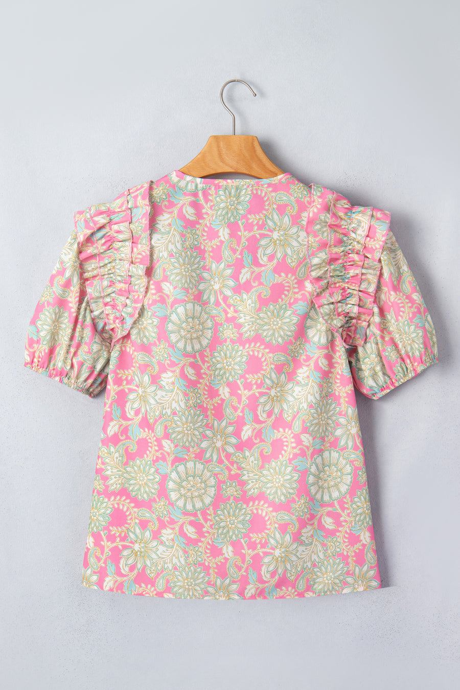 Close-up of Floral Tie V-Neck Puff Sleeve Blouse showing pink floral print and self-tie bow detail — Fashionfitz