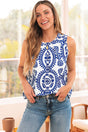 Blue Vintage Print Pintuck Crew Neck Tank Top