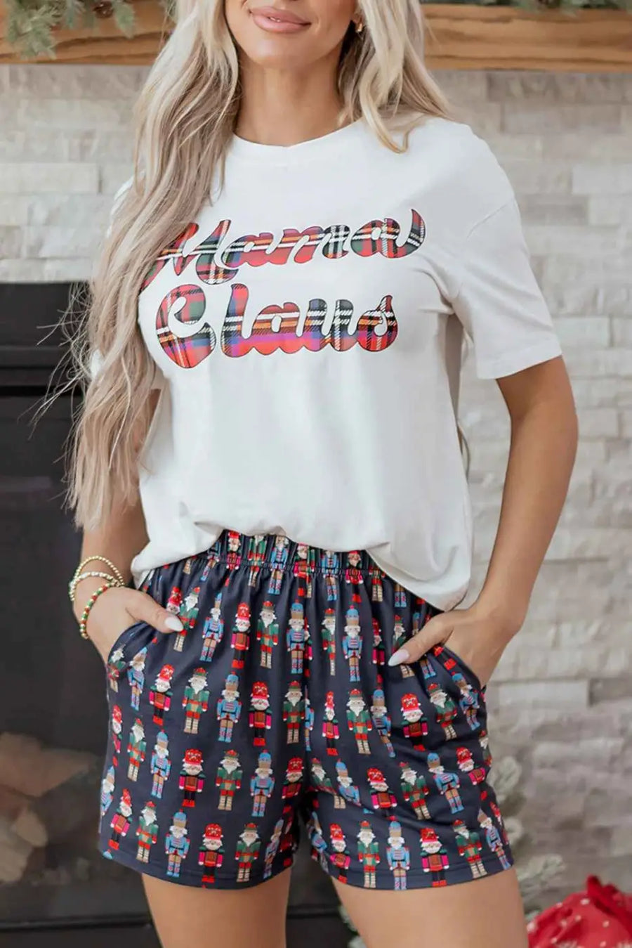 Pink nutcracker christmas lounge set graphic tee & print shorts loungewear