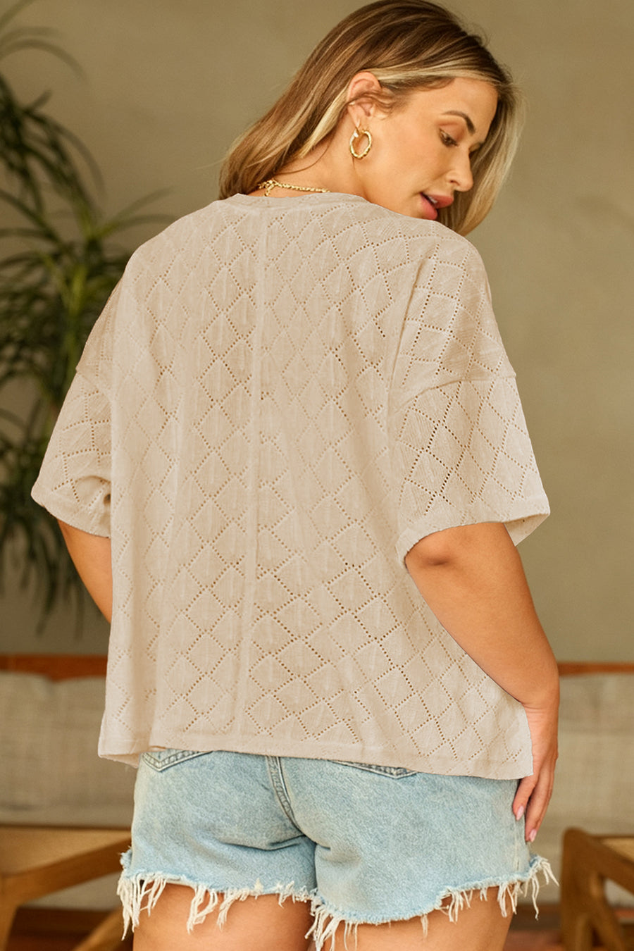 Pointelle Rhombus Knit V Neck Loose Plus Size Top Women UK