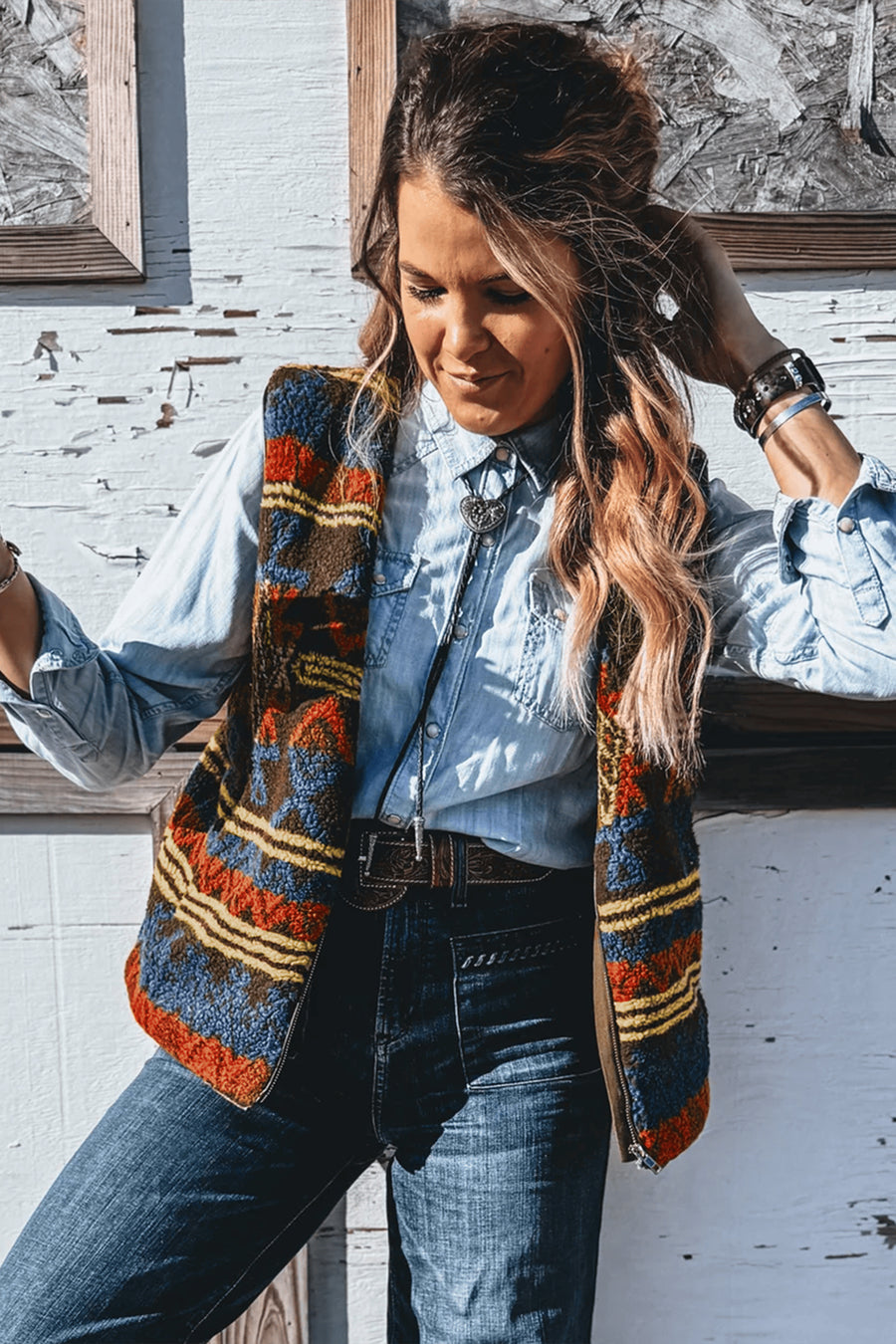 Multicolour Western Print Faux Fur Metal Zipper Insert Pockets Sleeveless Vest