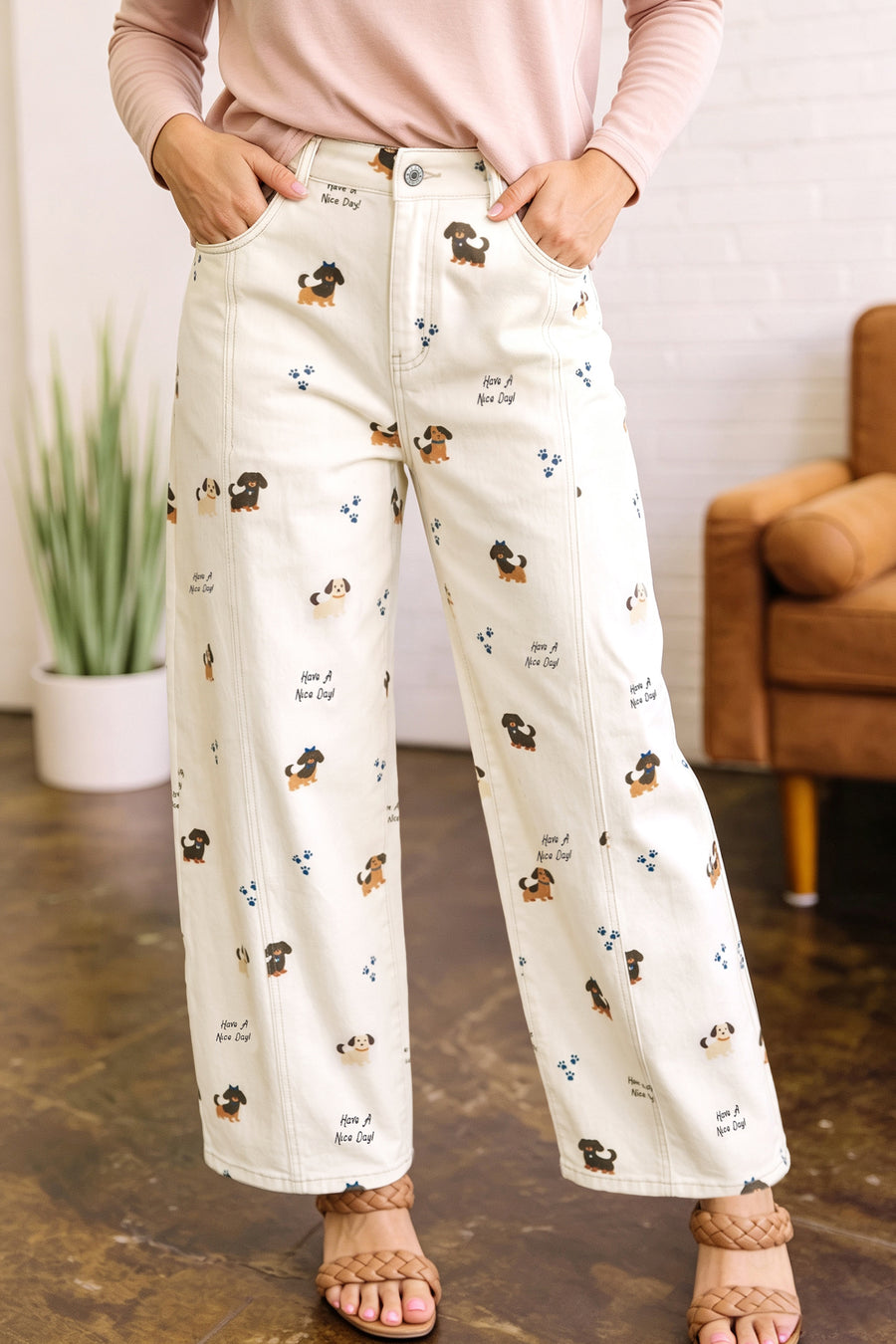 White Abstract Dog Print Wide Leg Full-Length Jeans
