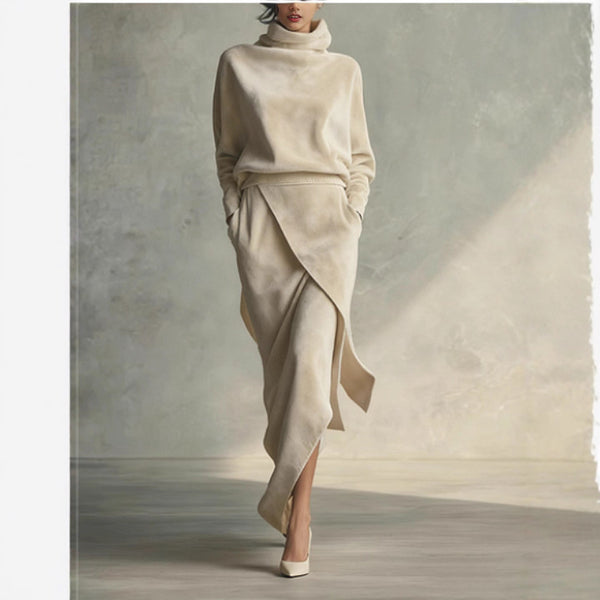 Suede midi dress back view — high waist A-line silhouette