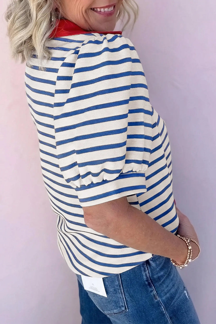 Colour block puff sleeve blouse — stripe pattern close-up detail