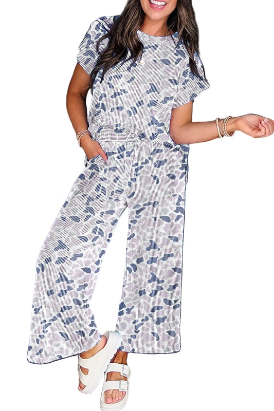 Beige camo twisted rib tee drawstring pants set