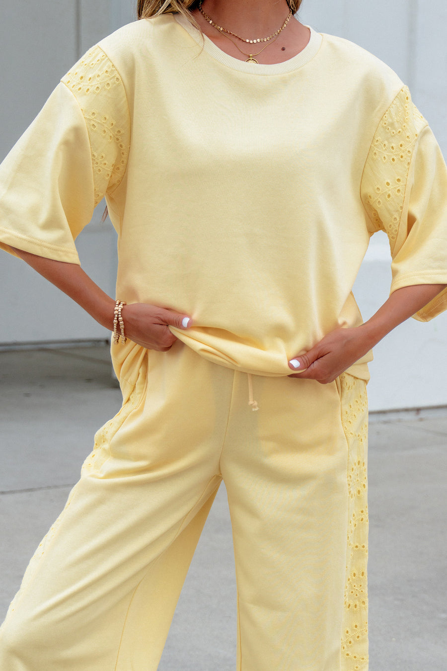 Lace Patchwork Half Sleeve Top & Wide Leg Pants Two Piece Set
