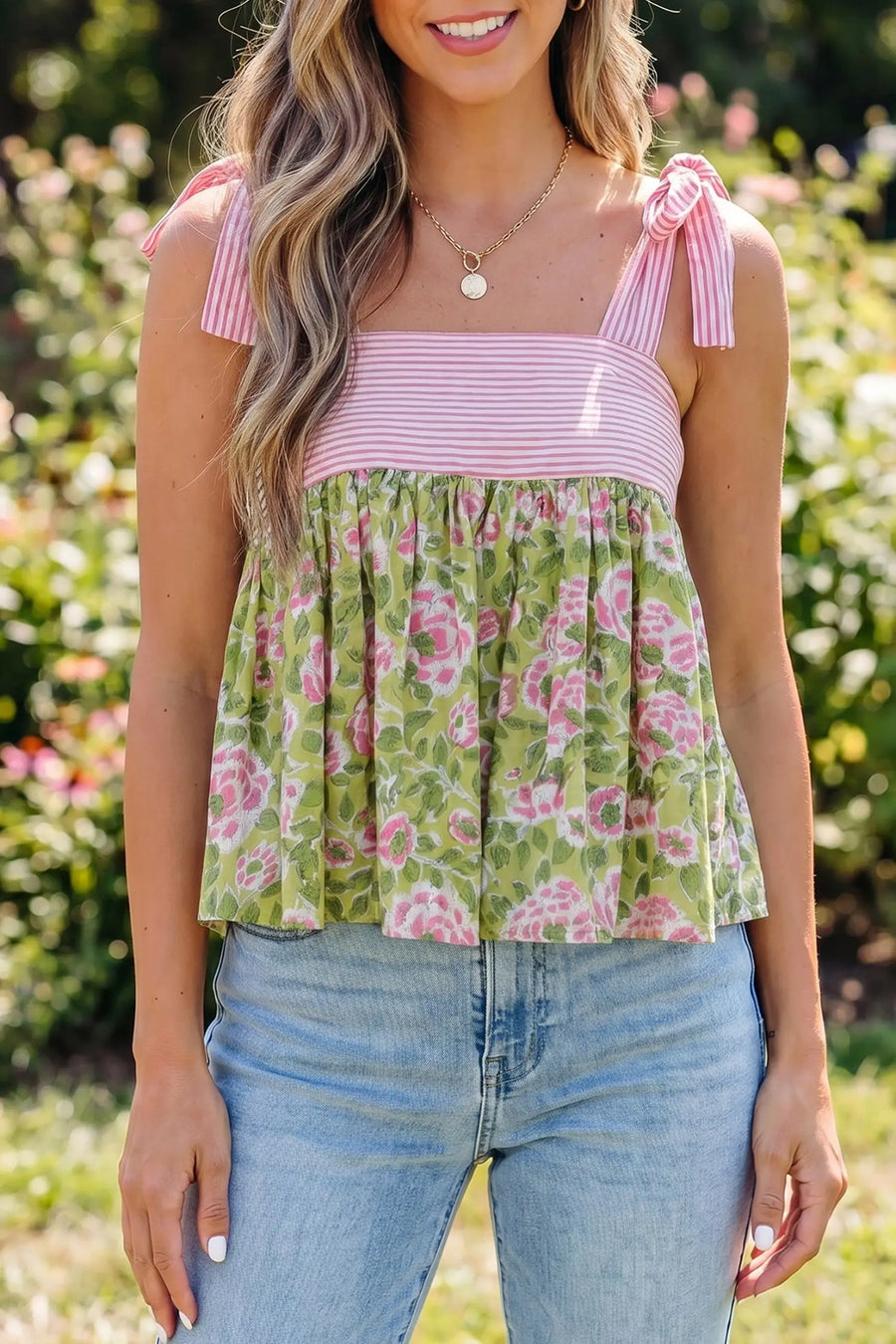 Floral knot strap babydoll tank top front view — Fashionfitz UK