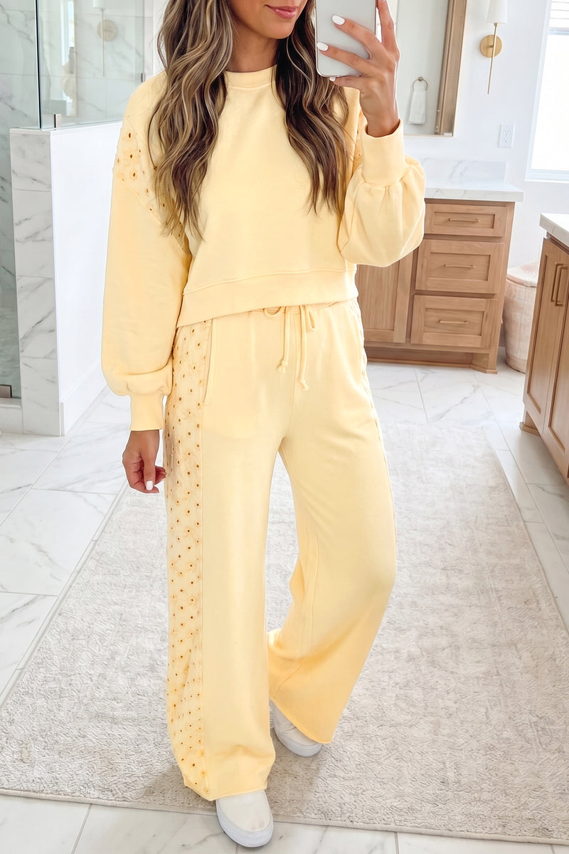 Butter yellow eyelet lace co-ord set back view — Fashionfitz UK
