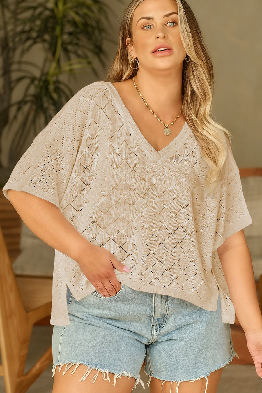 Pointelle Rhombus Knit V Neck Loose Plus Size Top Women UK