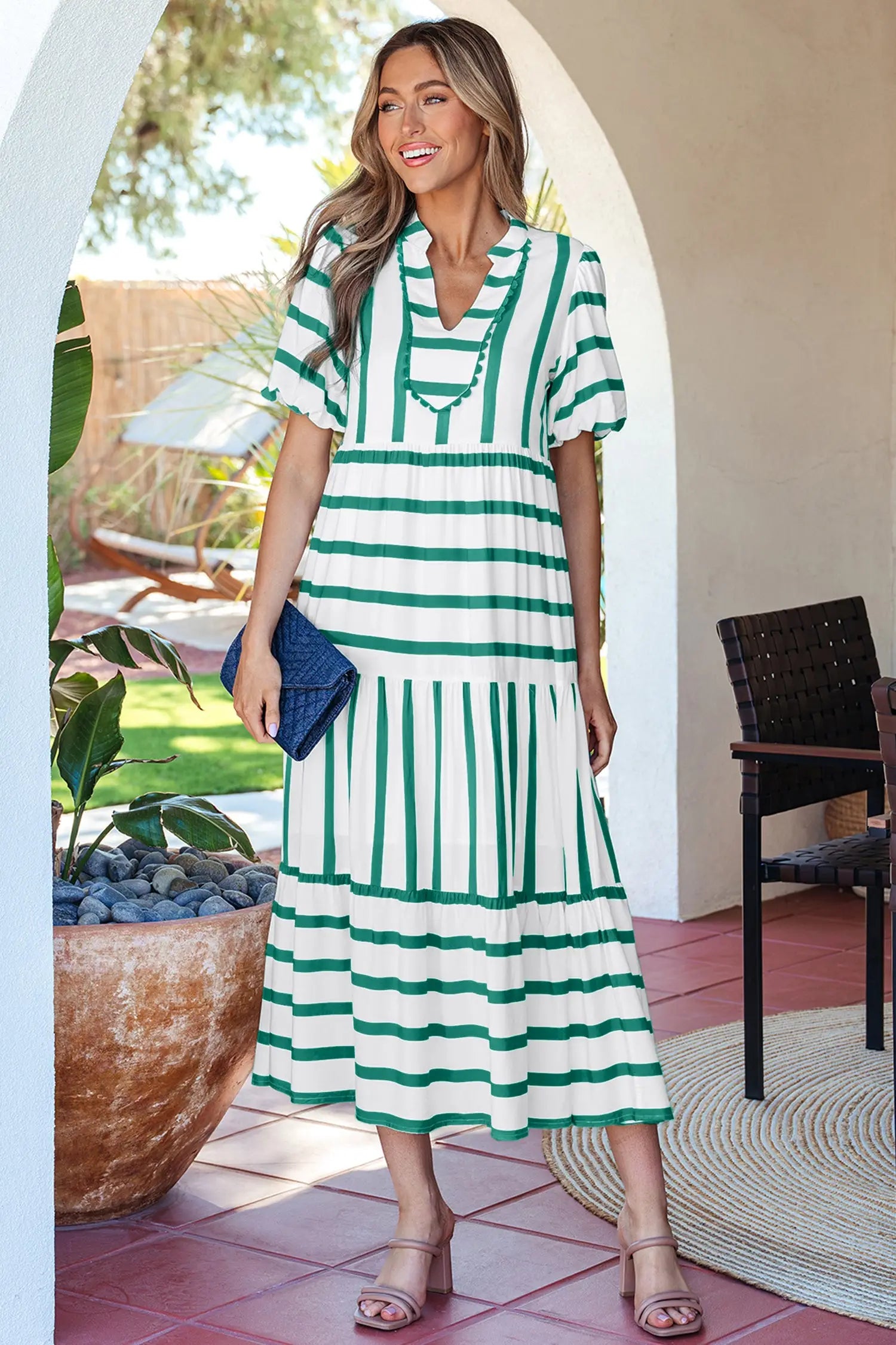 Woman wearing green stripe ricrac trim notched neck midi dress with half sleeve puff detail, front view, Fashionfitz UK