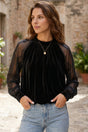 Black sheer lace velvet patchwork stand neck blouse front view — Fashionfitz UK