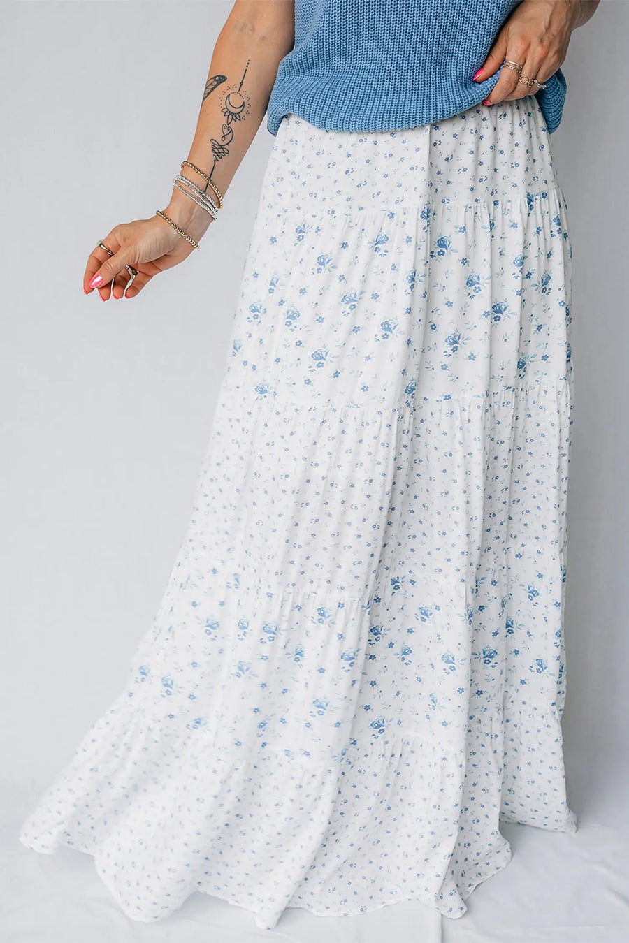 Sky blue tiered floral patchwork boho maxi skirt elastic waist ruffle hem skirts