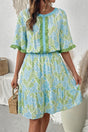 Sky blue floral high waist ruffle mini dress front view | Fashionfitz UK