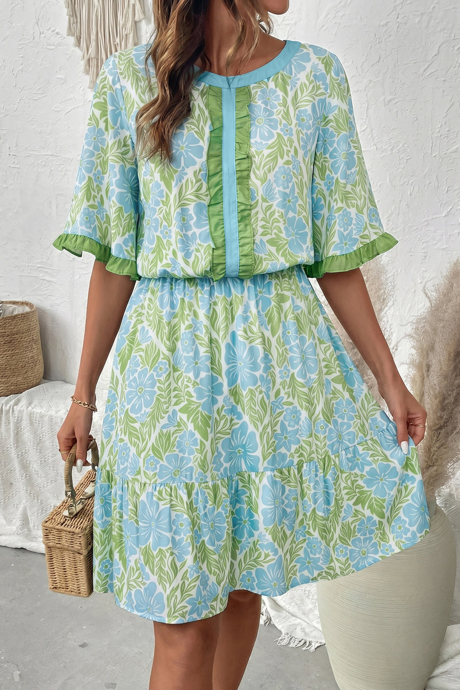 Sky blue floral high waist ruffle mini dress front view | Fashionfitz UK