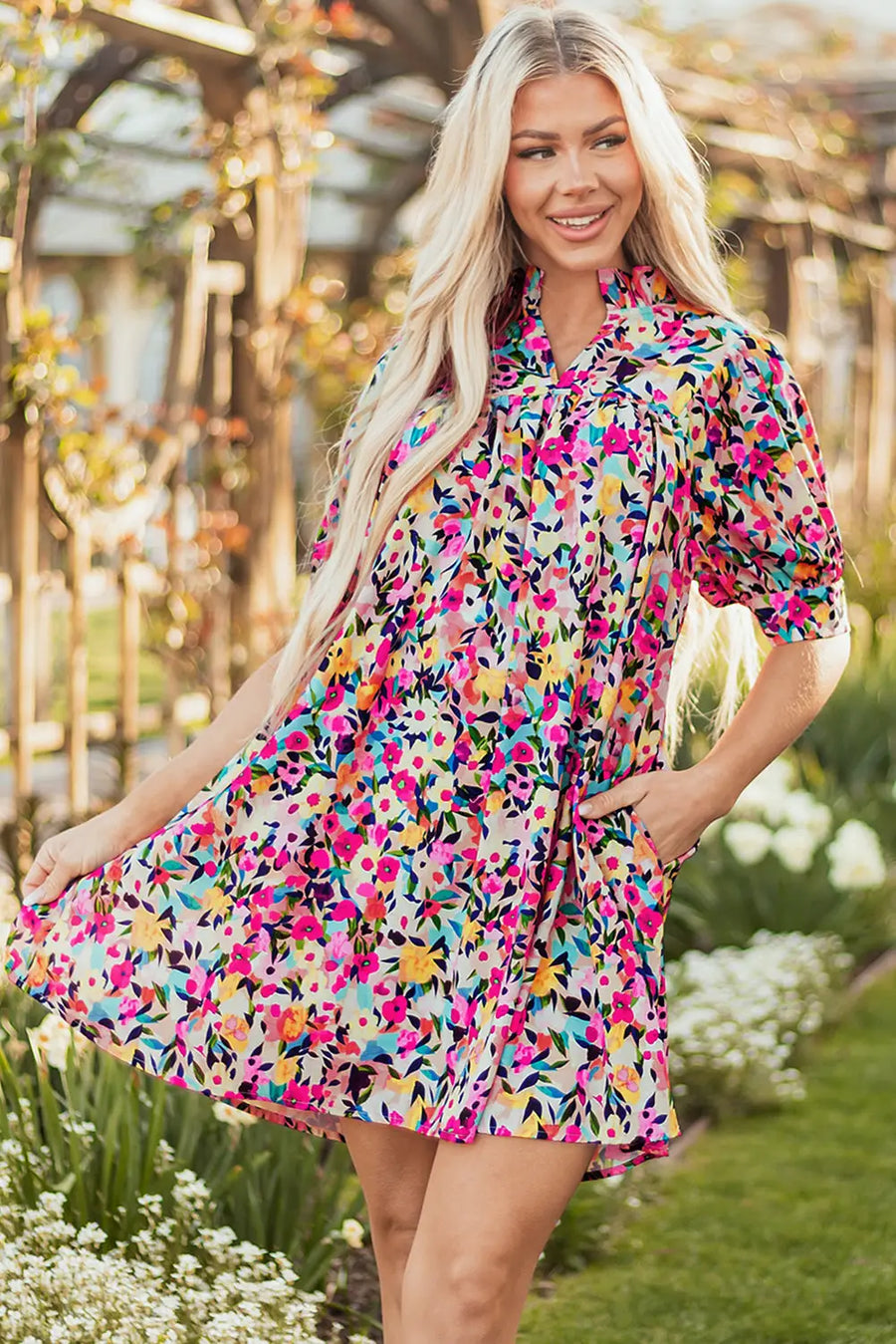 Pink Floral Puff Sleeve V Neck Mini Dress Women UK — model shot