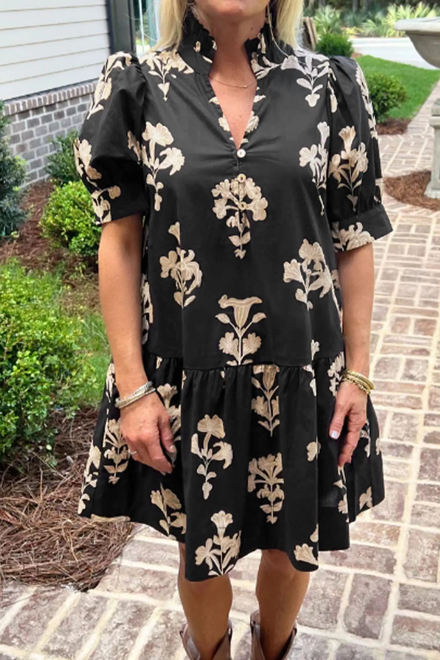 Floral frilled v-neck puff sleeve mini dress dresses