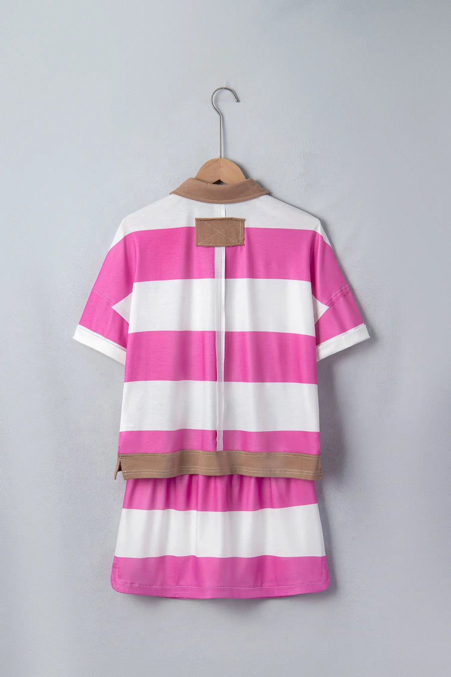 Rose Stripe Colorblock Trim Polo Tee Drawstring Mini Skirt 2pcs Set