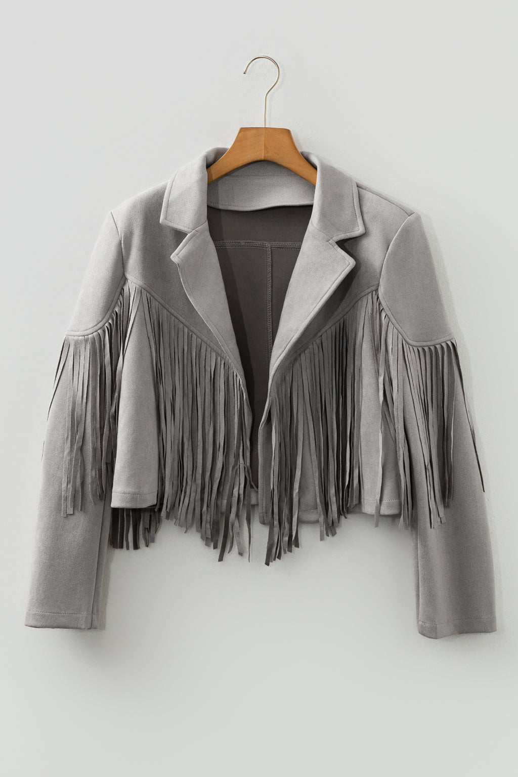 Gray Cropped Fringe Faux Suede Jacket