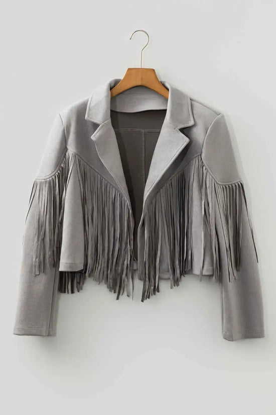 Gray cropped fringe faux suede jacket on hanger, highlighting western-inspired fringe detail and soft suede texture.