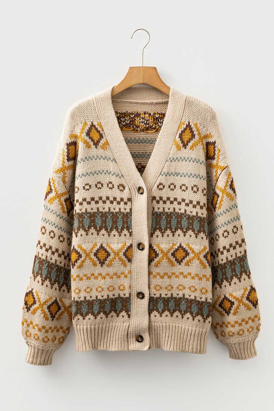 Flat lay of Women's Khaki Western Pattern Knit Cardigan on hanger. Features button front and geometric western design.