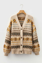 Flat lay of Women's Khaki Western Pattern Knit Cardigan on hanger. Features button front and geometric western design.