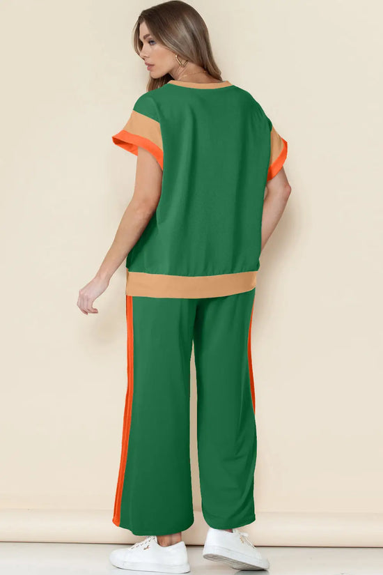 Colour block two piece set cap sleeve wide leg pants women uk