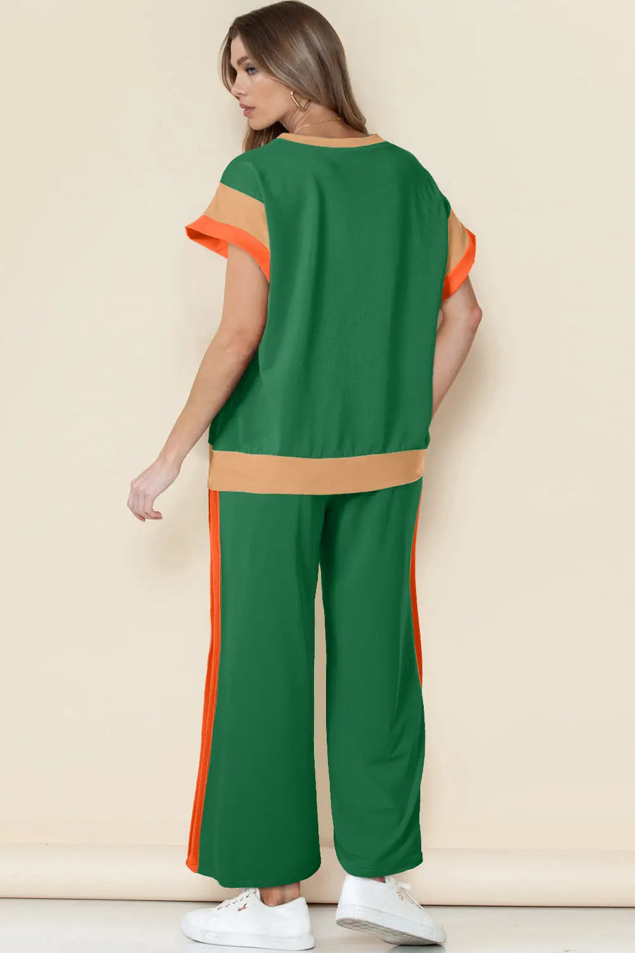 Colour block two piece set cap sleeve wide leg pants women uk