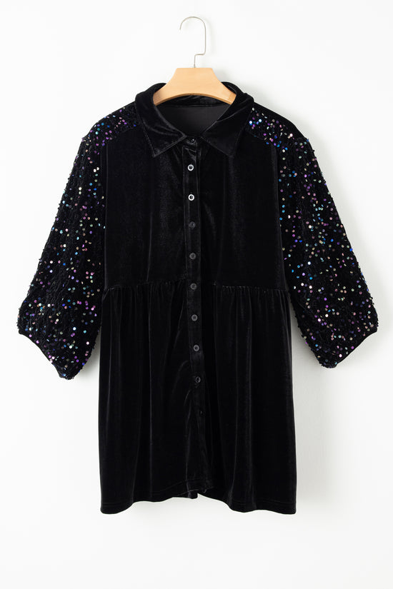 Black Sequin Puff Sleeve Velvet Peplum Shirt