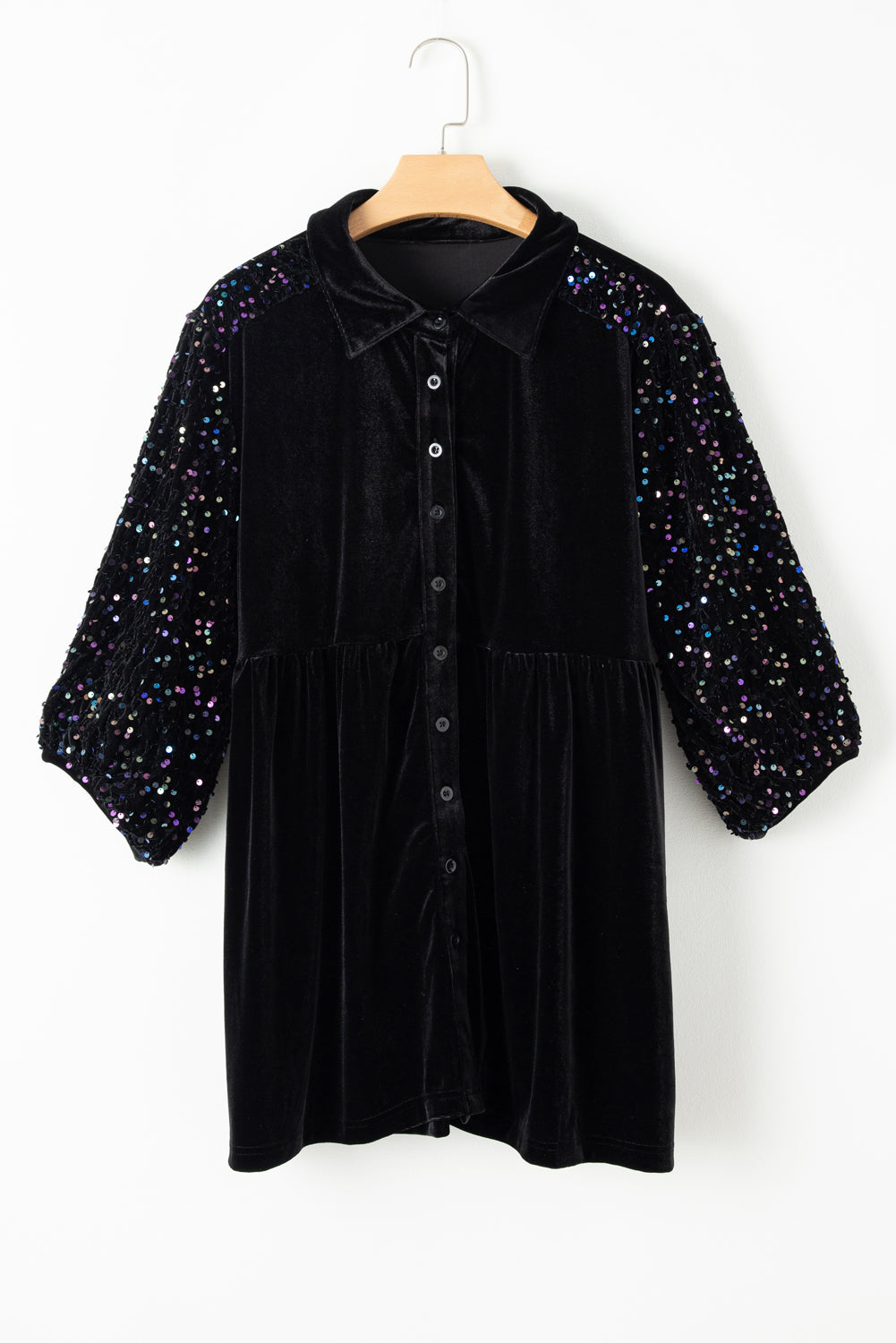 Black Sequin Puff Sleeve Velvet Peplum Shirt
