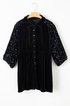 Black Sequin Puff Sleeve Velvet Peplum Shirt