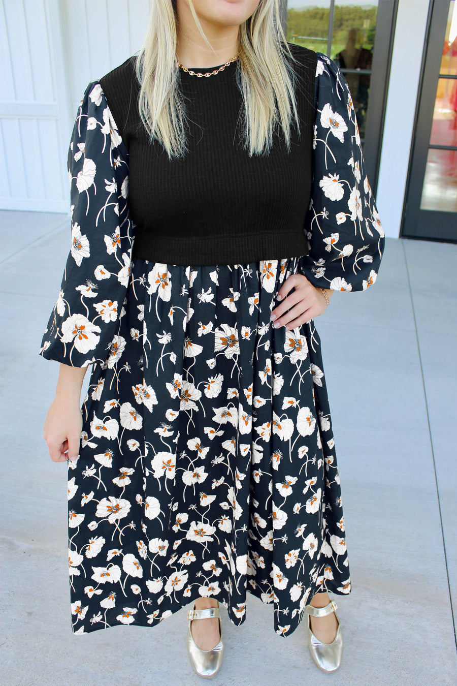 Black Floral Print Long Sleeve Round Neck Plus Size Dress Women UK