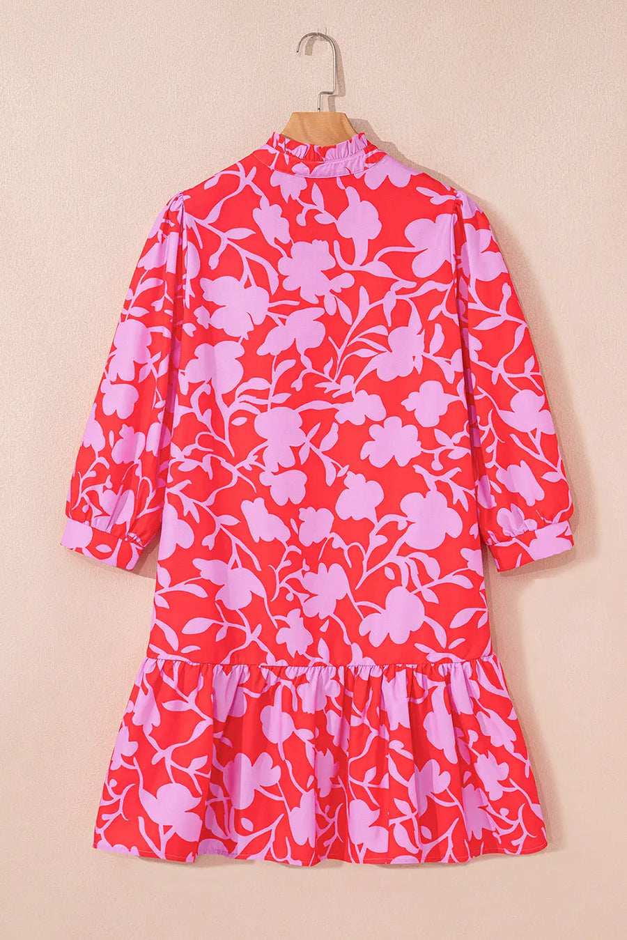 Red Floral 3/4 Sleeve Ruffle Hem Mini Dress Women UK