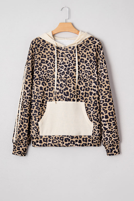 Leopard Print Waffle Knit Kangaroo Hoodie