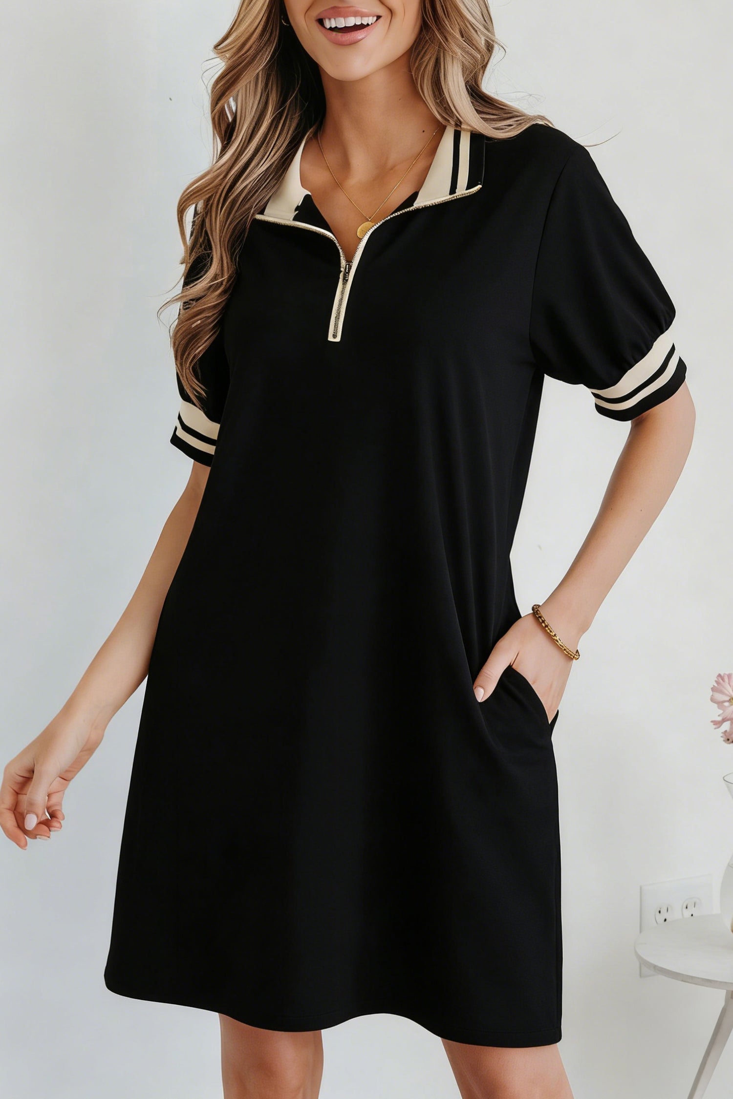 Women's black striped polo tee mini dress front view preppy casual