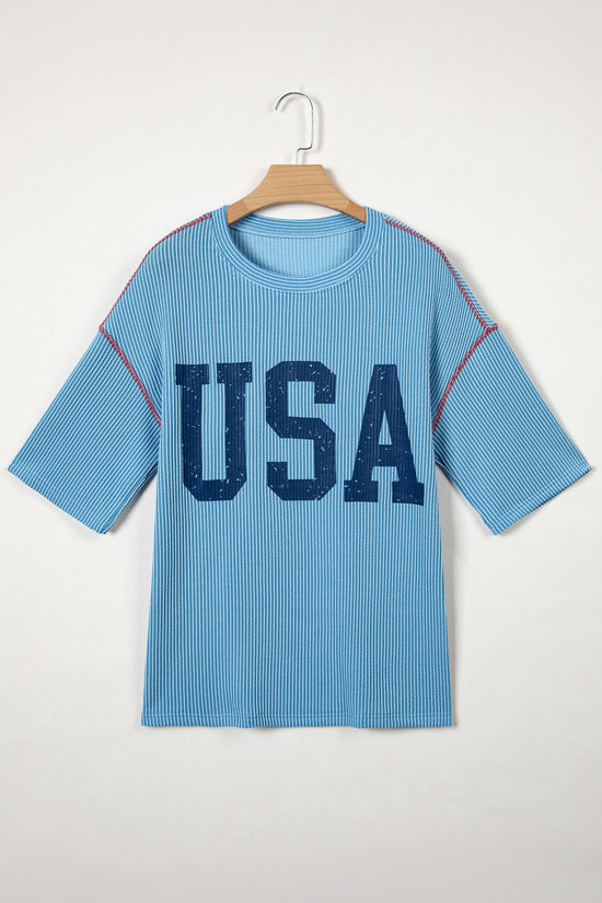 USA Graphic Ribbed Half Sleeve Loose Top Round Neck Tunic Length