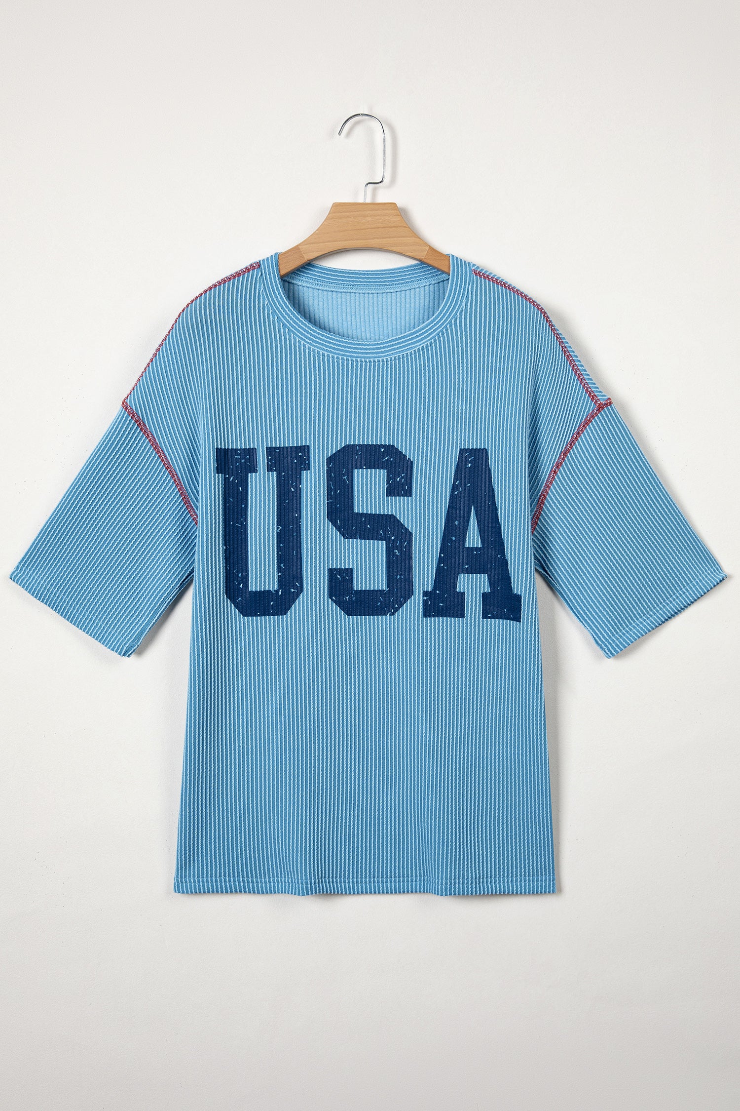 USA Graphic Ribbed Half Sleeve Loose Top Round Neck Tunic Length