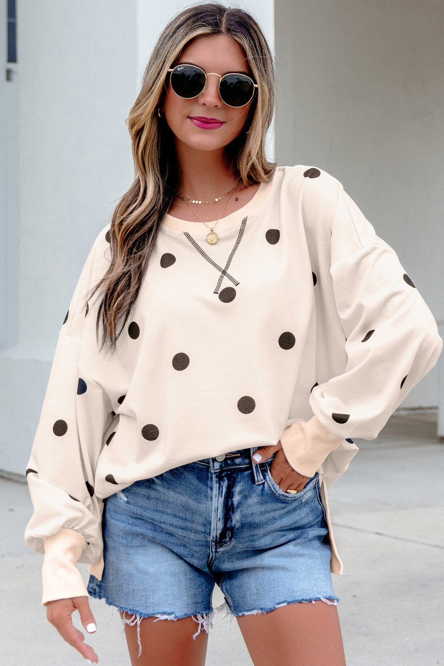Polka Dot Long Sleeve Round Neck Tunic Sweatshirt