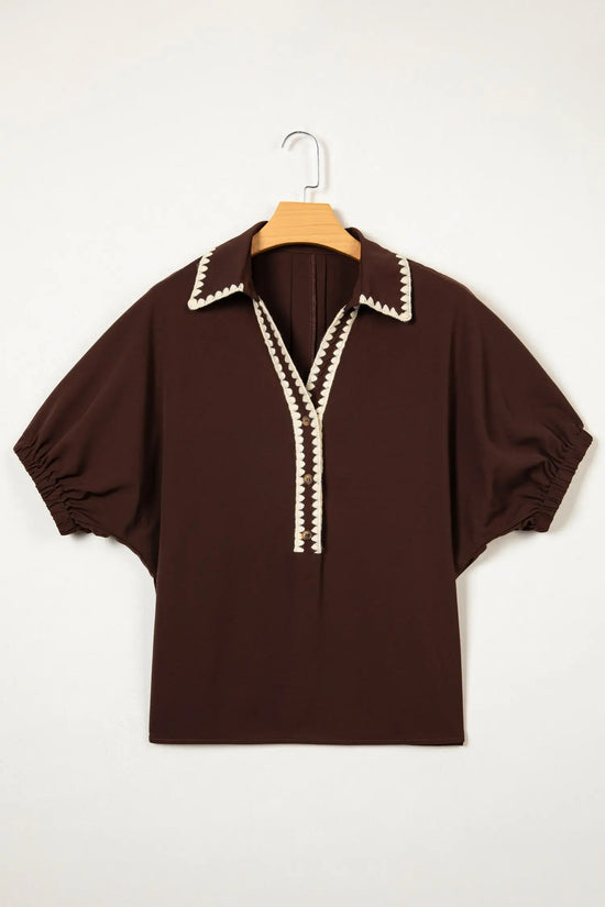 Coffee contrast trim shirt collar blouse button v neck dolman sleeve blouses