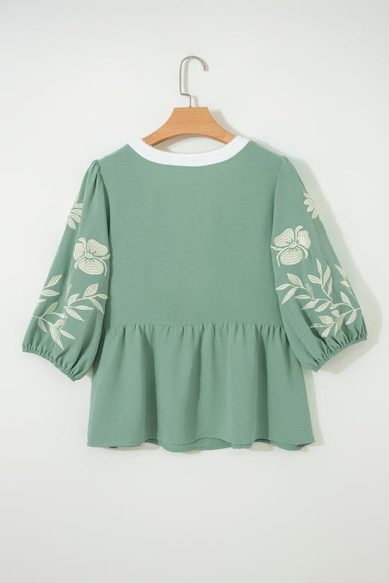 Smoke Green Embroidered Sleeve Tiered Blouse
