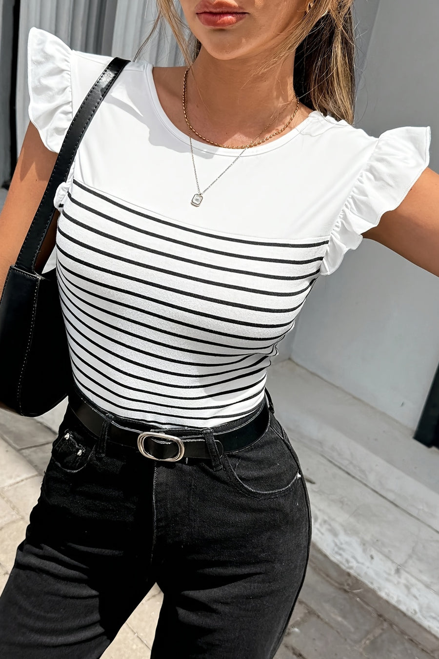 Stripe Contrast Knot Back Ruffle Trim Tank Top Women UK — back view | Fashionfitz UK