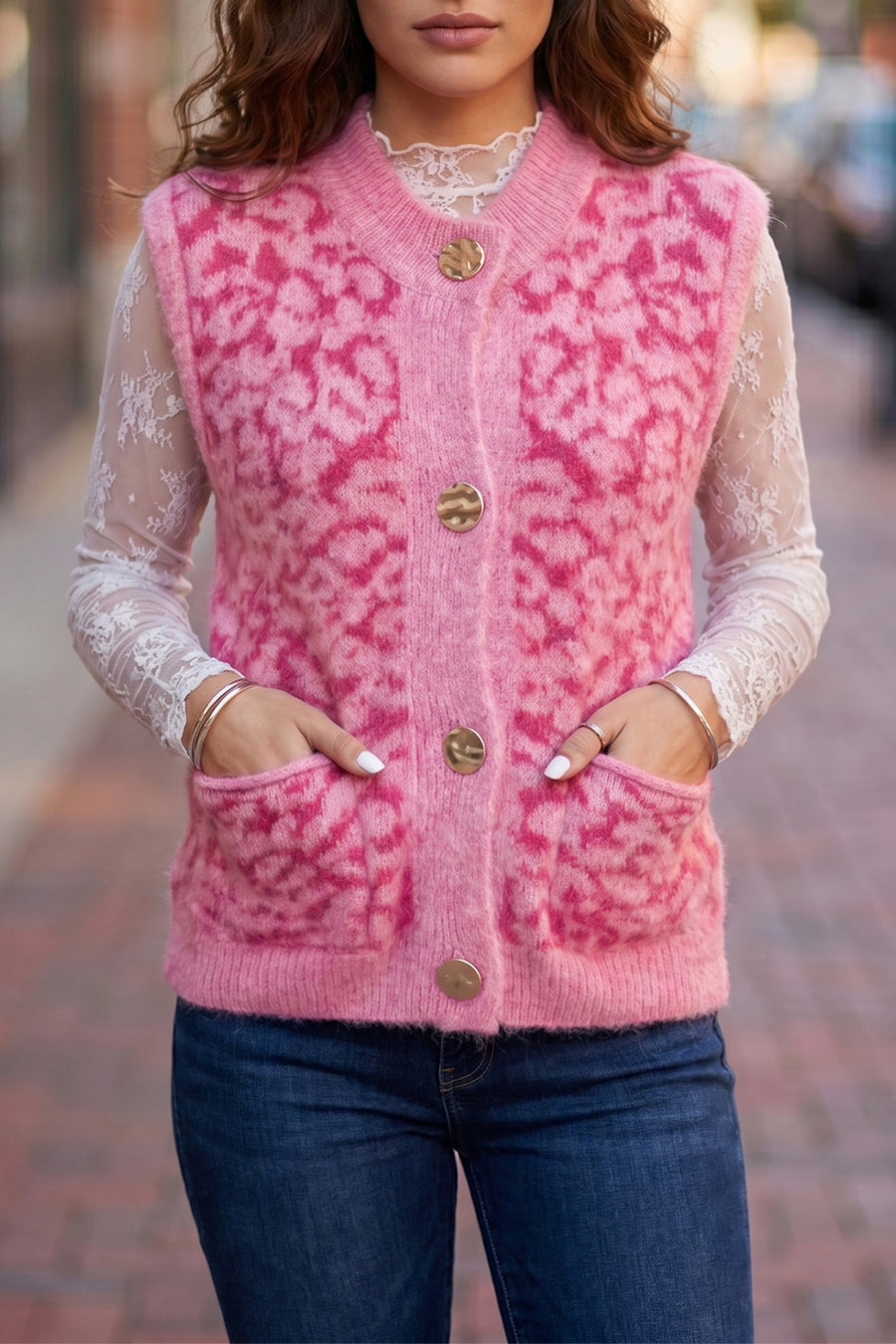 Leopard print knit sleeveless sweater vest women UK | Fashionfitz