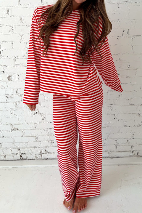 Red Stripe Drop Shoulder Long Sleeve Lounge Pant Set Women UK