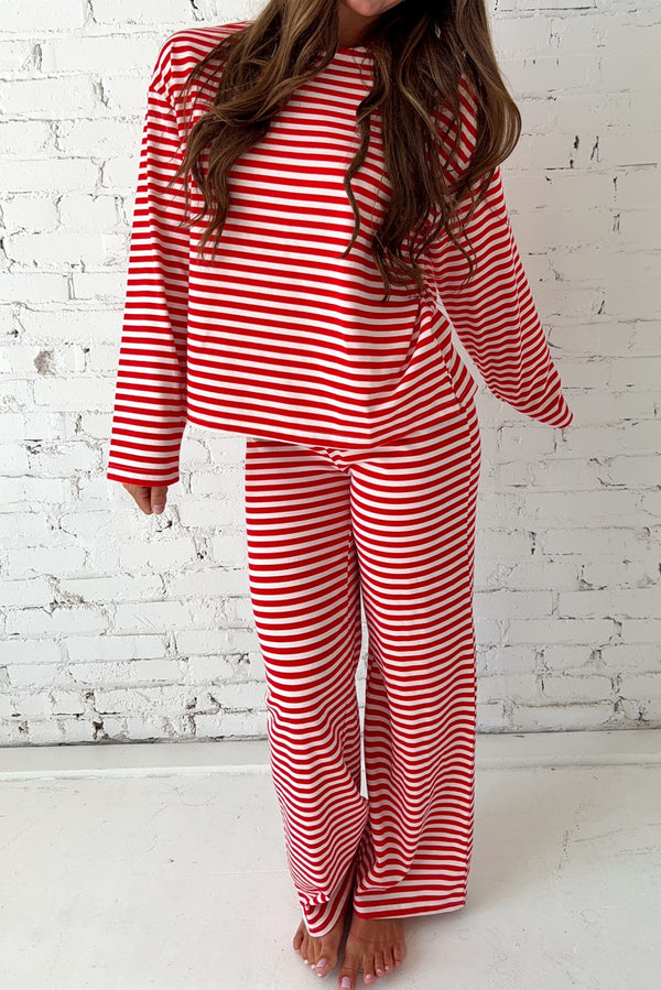 Red Stripe Drop Shoulder Long Sleeve Lounge Pant Set Women UK
