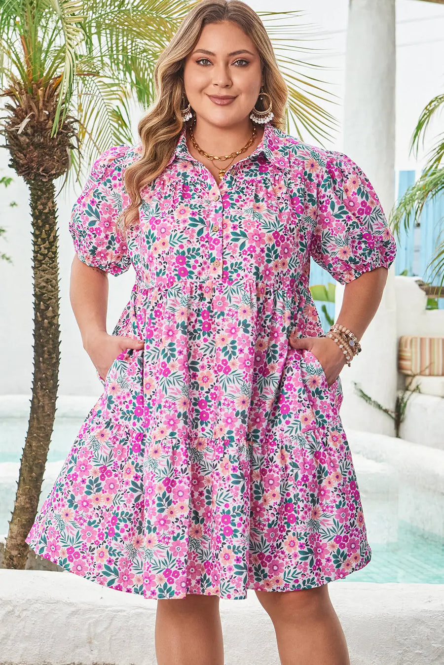 Plus Size Pink Floral Half Button Puff Sleeve A-Line Dress Women UK