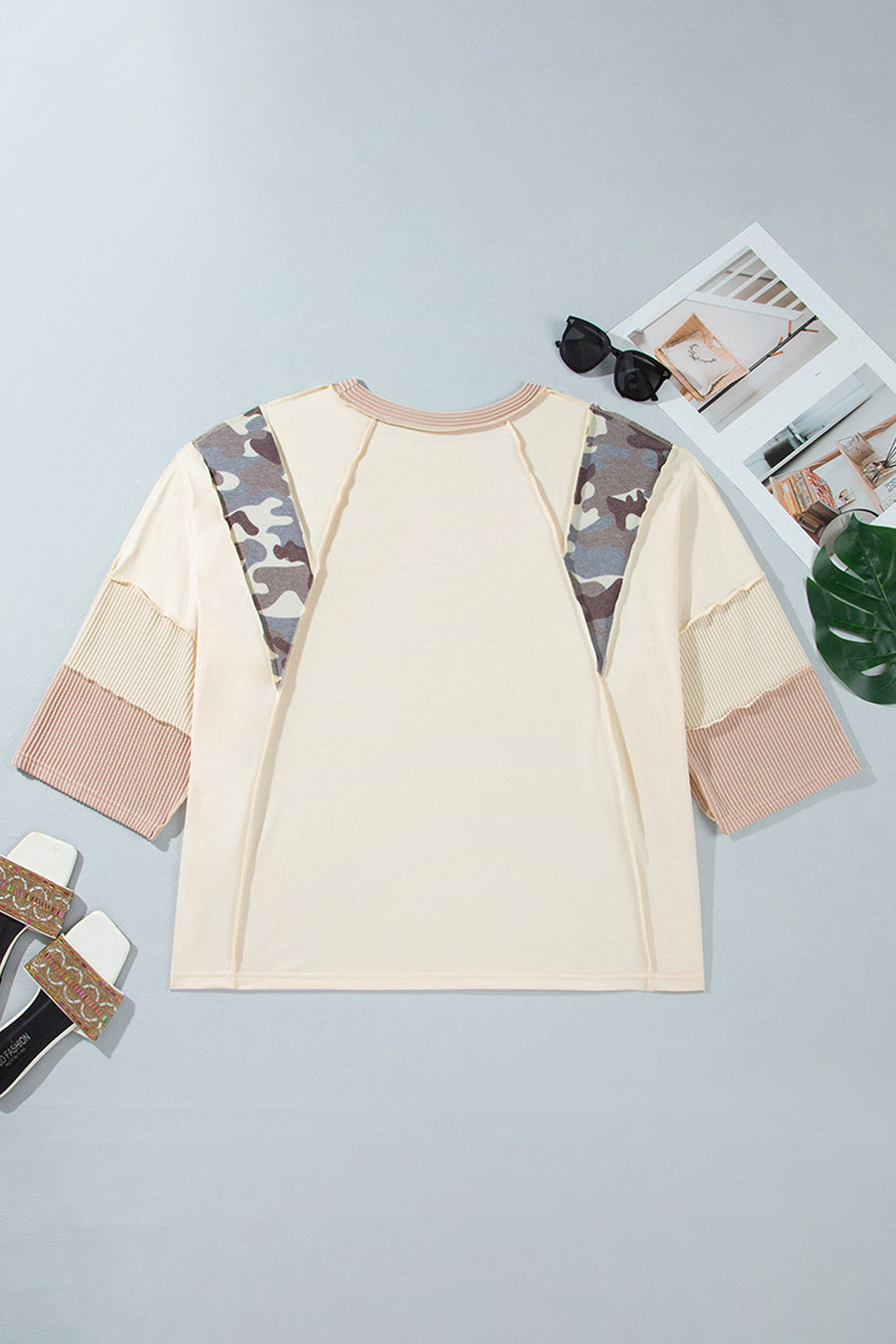 Plus Size Camo Panel Twist Sleeve Loose Blouse Women UK